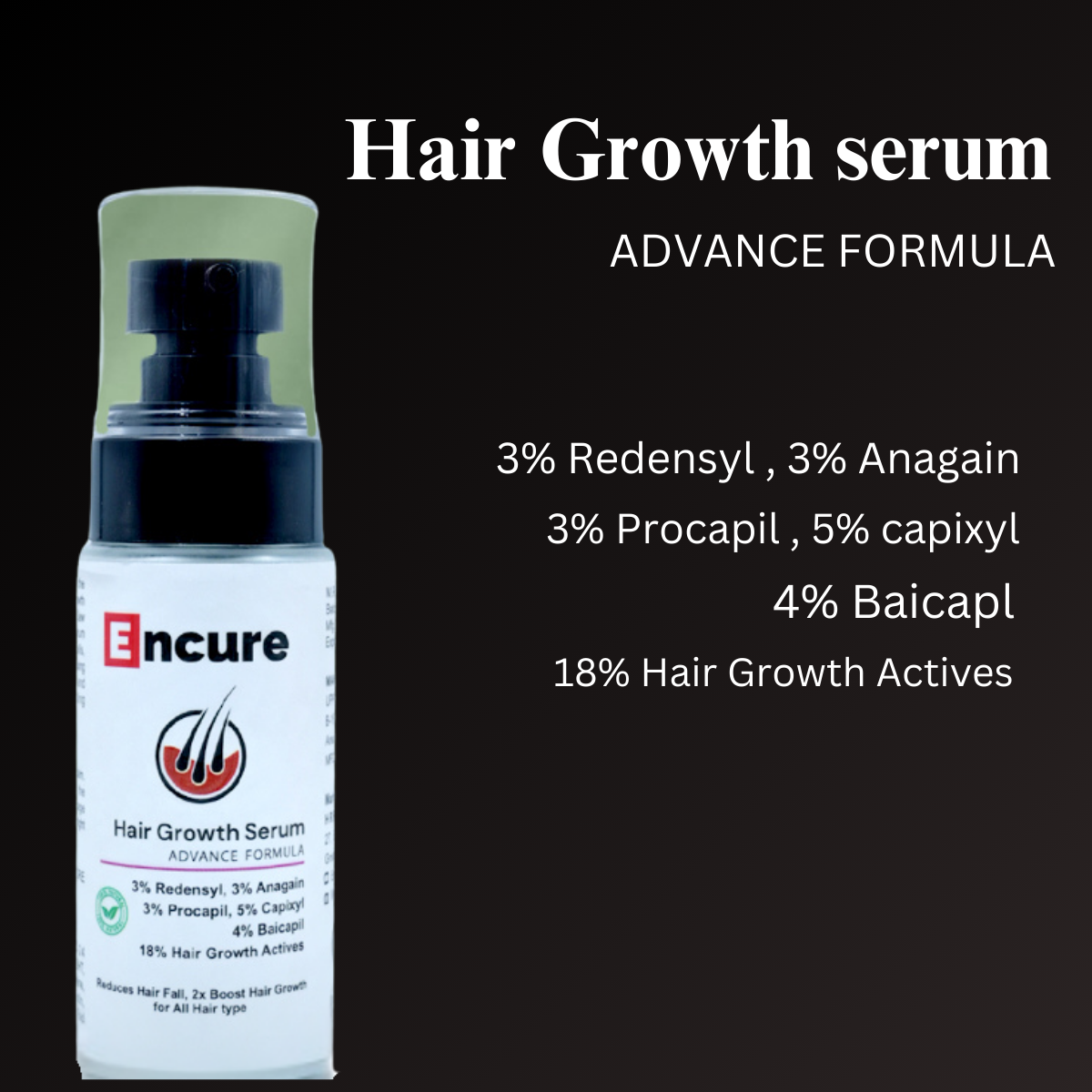 ENCURE™ Hair Growth Serum | Advanced Formula with 3 % Redensyl, 3 % Anagain, 3 % Procapil, 5 % Capixyl & 4% Baicapil | 18% Hair Growth Actives | Thicker & Stronger Hair Growth | Stimulates Hair Growth & Hair Fall Control Serum for Men & Women, 50ml