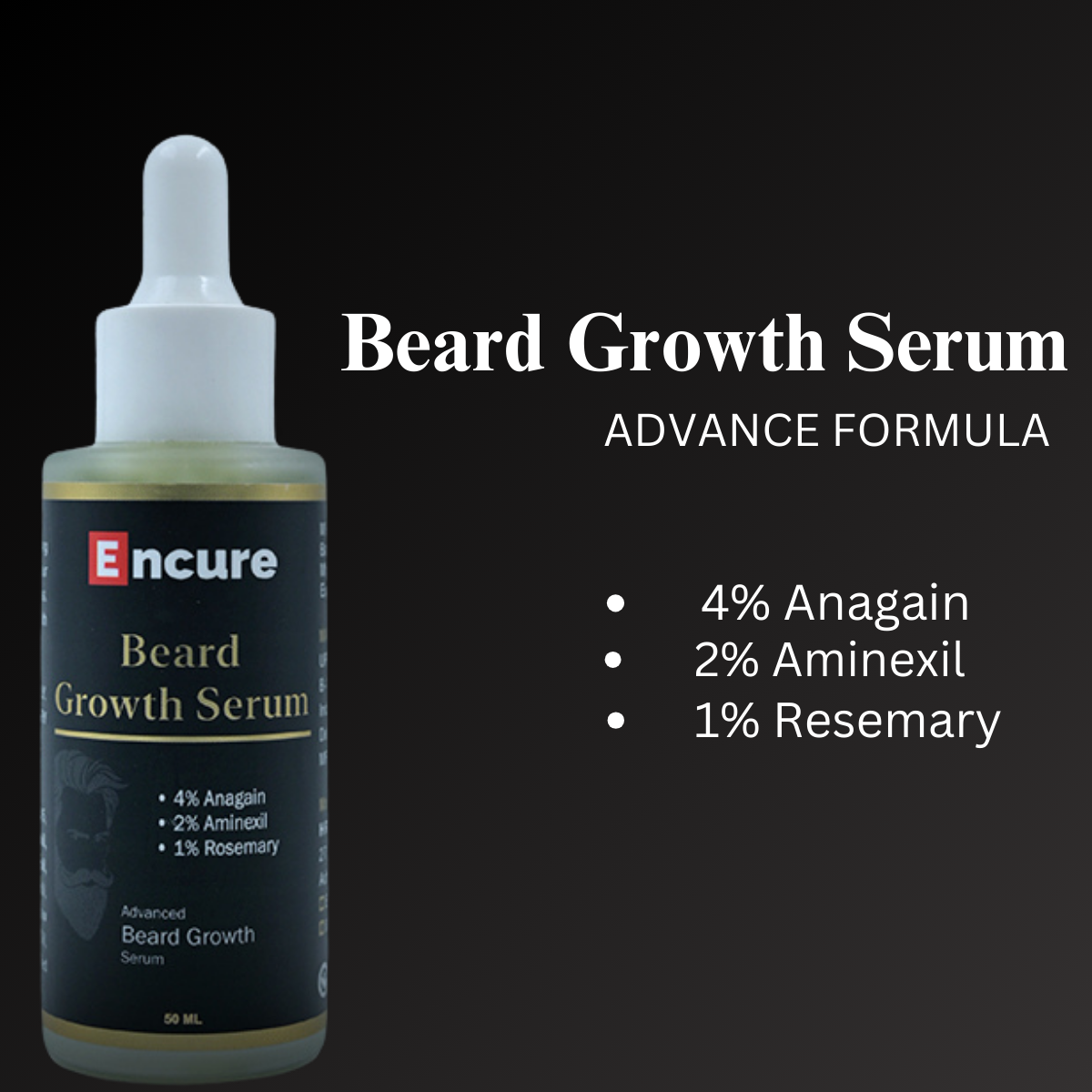 ENCURE™ Beard Growth Serum | Advanced Formula 4% Anagain 2% Aminexil & 1% Rosemary | Stronger, Fuller & Thicker Beard Growth | Solves Uneven & Patchy Beard | Lightweight And Fast Absorption, 50ml