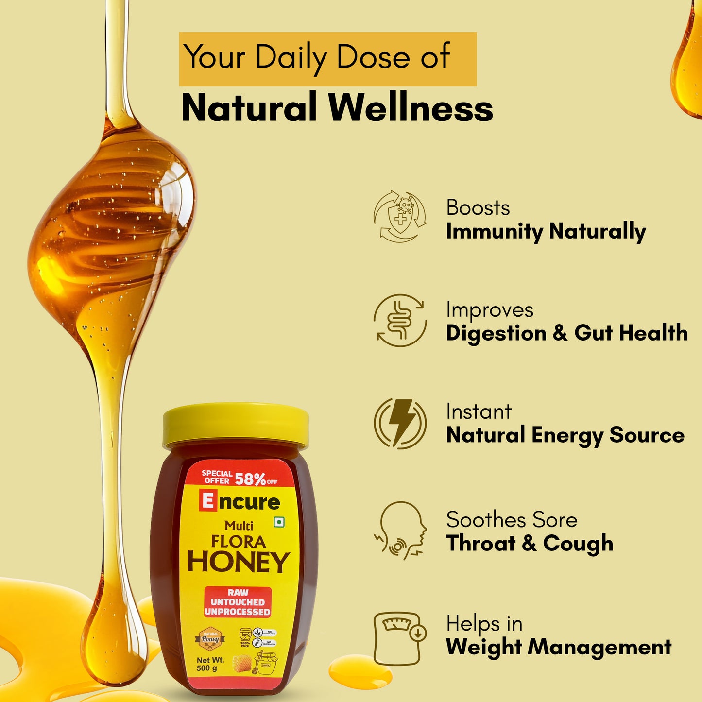 ENCURE™ Multi Flora Forest Honey 500g | Lab tested | Raw & Unprocessed, Unheated, Non Pasteurized, Original Honey 100% Pure and Natural | No Added Sugar | Immunity Boosting