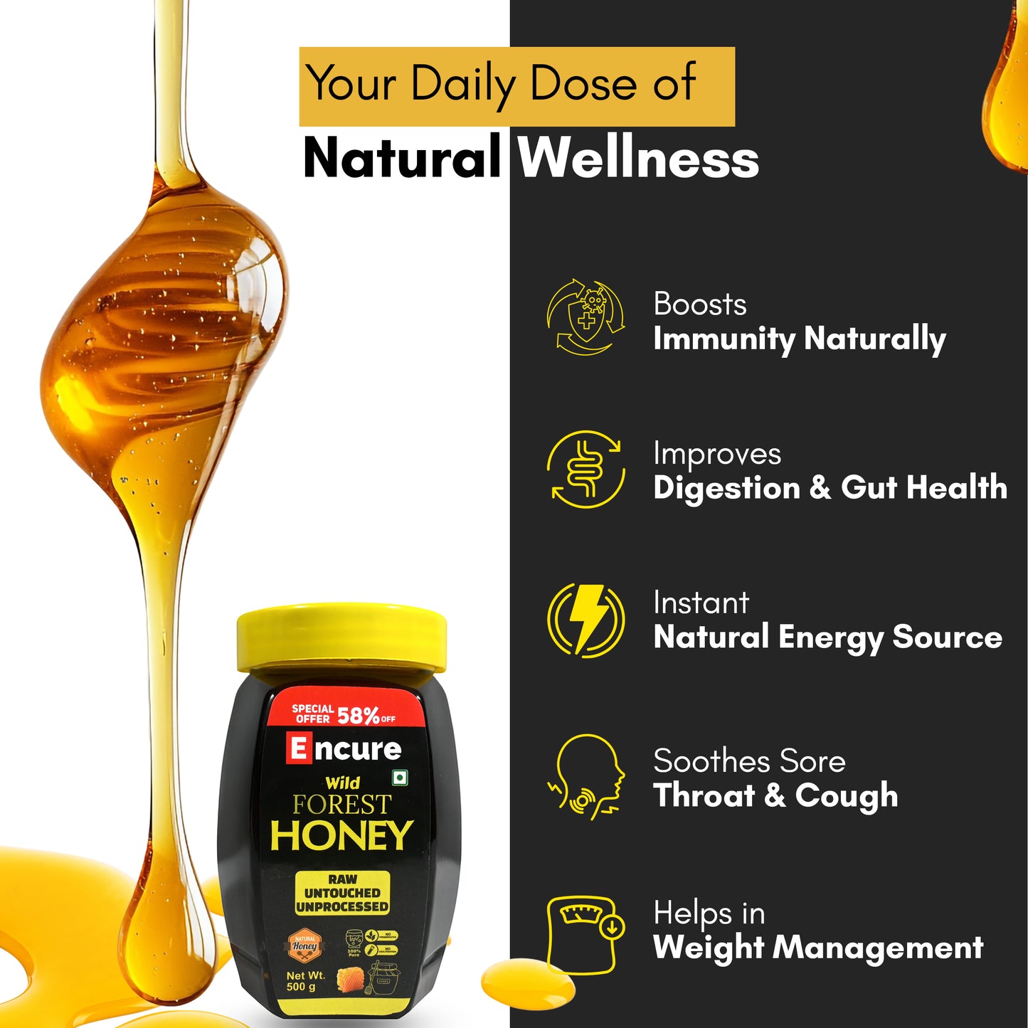 ENCURE™ Wild Forest Honey 500g | Lab tested | Raw & Unprocessed, Unheated, Non Pasteurized, Original Honey 100% Pure and Natural | No Added Sugar | Immunity Boosting