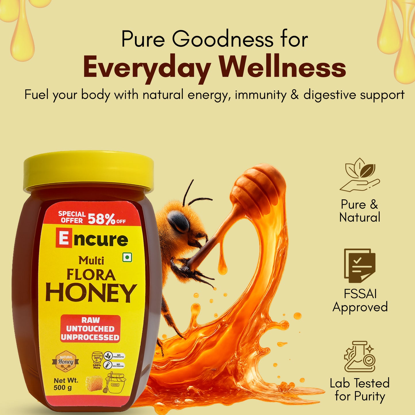 ENCURE™ Multi Flora Forest Honey 500g | Lab tested | Raw & Unprocessed, Unheated, Non Pasteurized, Original Honey 100% Pure and Natural | No Added Sugar | Immunity Boosting