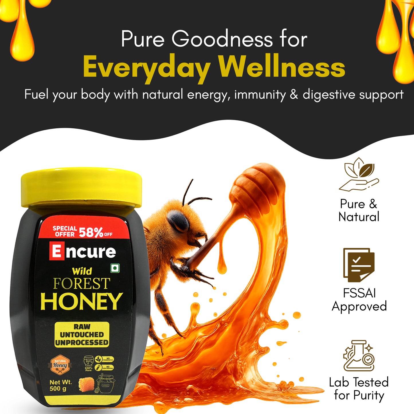 ENCURE™ Wild Forest Honey 500g | Lab tested | Raw & Unprocessed, Unheated, Non Pasteurized, Original Honey 100% Pure and Natural | No Added Sugar | Immunity Boosting